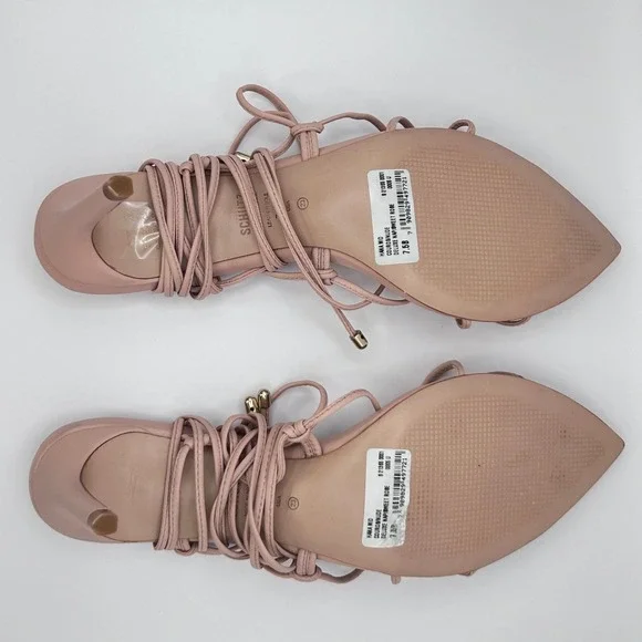 Schutz Hana Mid Sweet Rose Pink Leather Lace Up Gold Tip Pointed Toe Heels 7.5B - Picture 8 of 11